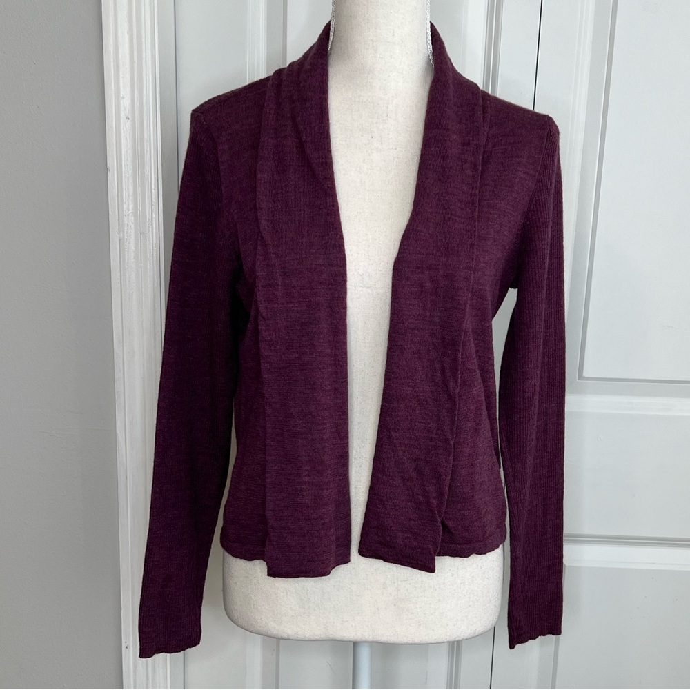 Eileen Fisher Purple Heathered Cardigan Petite Wool Shawl Collar Open Front PM